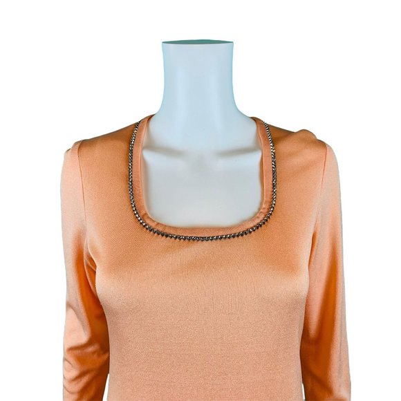 Vintage 70s Formal Gown Women's Small Rhinestone Trim Peach Long Sleeve Dress - Picture 4 of 10